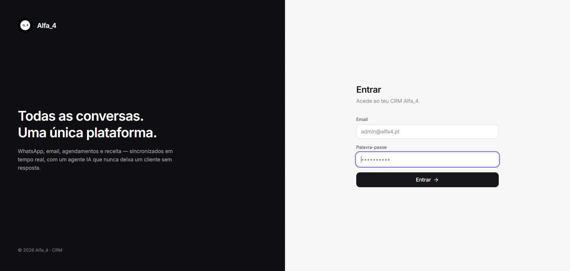 Ecrã de entrada do CRM MVP, com a promessa de juntar todas as conversas numa única plataforma